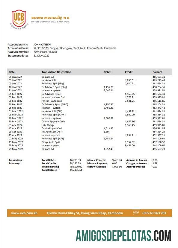 em branco Extrato do banco comercial da União do Camboja modelo Word e PDF